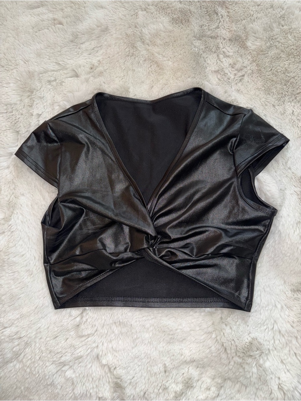 Black Faux-Leather Twist Front Crop Top - Women